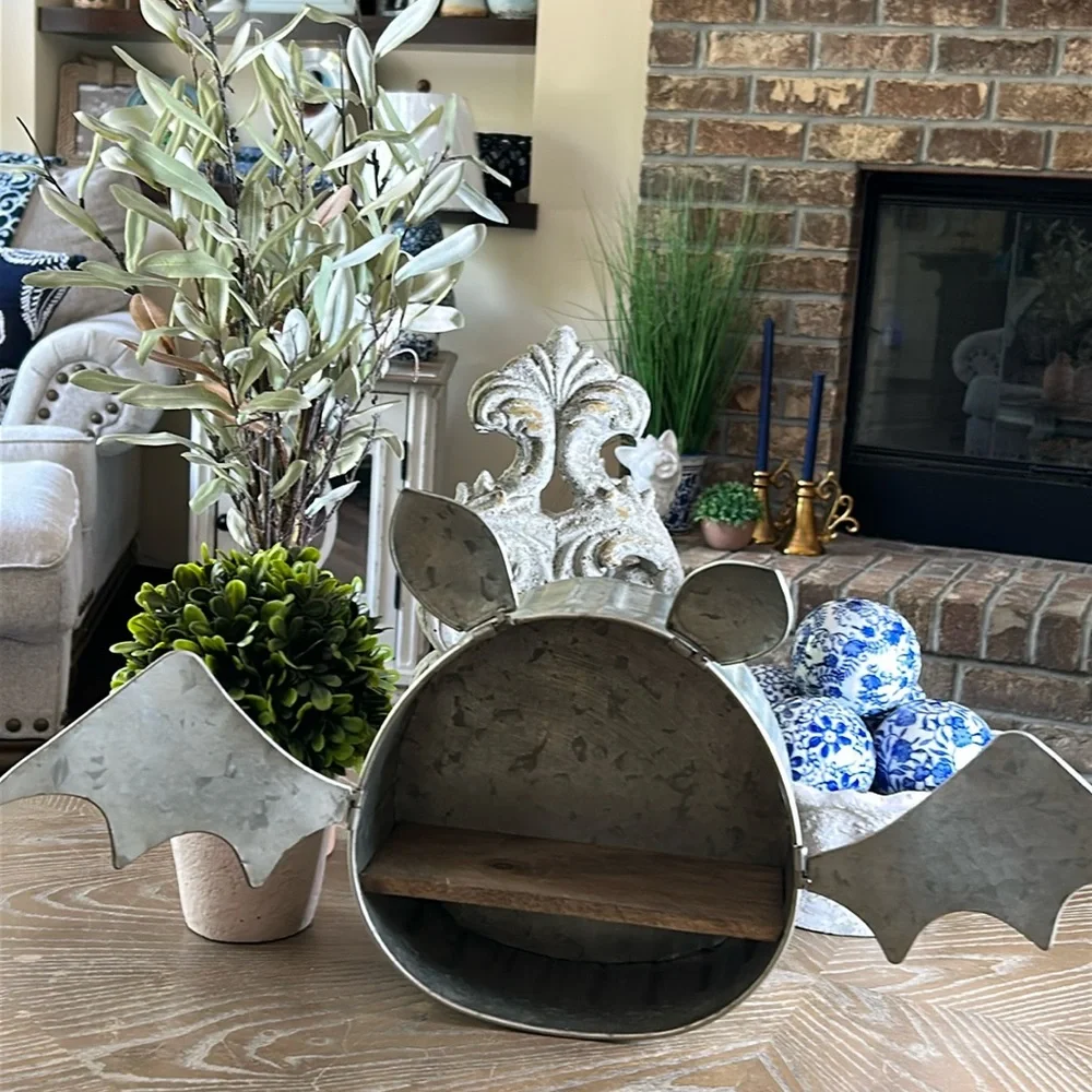 NEW! Rustic Fall Farmhouse Galvanized Metal Halloween Vampire Bat Wall Shelf